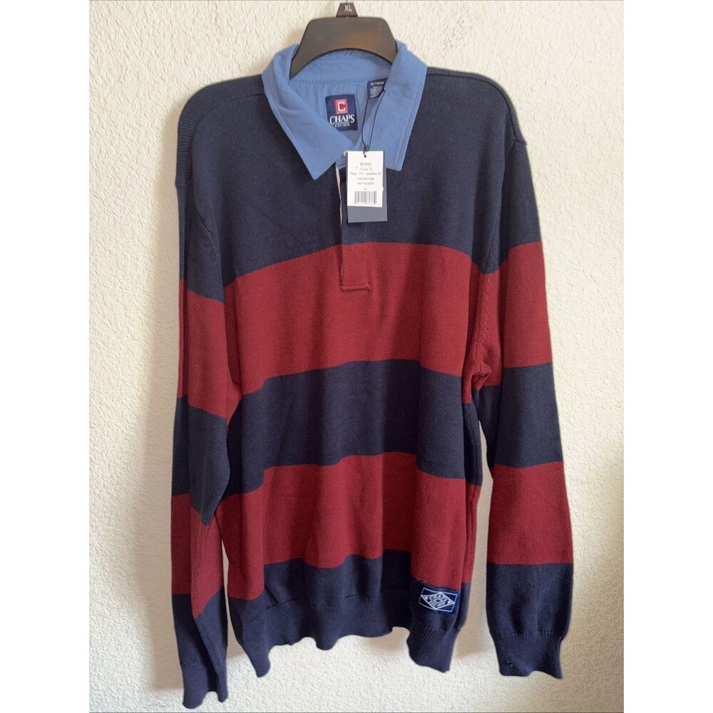 Chaps Mens College Rugby Sweater Collard Polo XL Striped preppy Holiday Knit